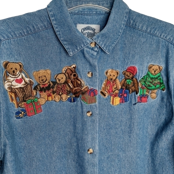 Vintage Cambridge Dry Goods Women's Large Denim Shirt Embroidered Teddy Bear EUC - Picture 4 of 11